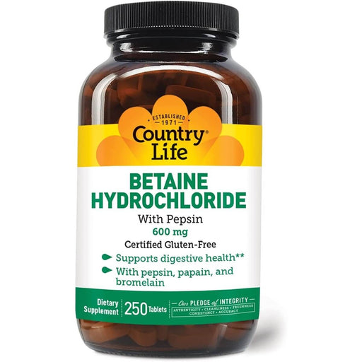 Country Life Betaine Hydrochloride with Pepsin 600mg 250 Tablets | Premium Supplements at MYSUPPLEMENTSHOP