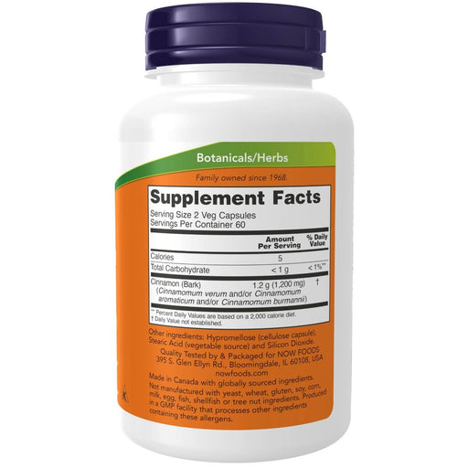 NOW Foods Cinnamon Bark 600 mg 120 Veg Capsules | Premium Supplements at MYSUPPLEMENTSHOP