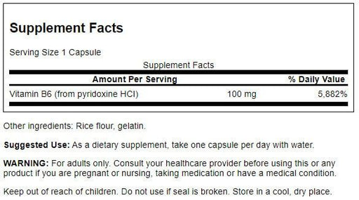 Swanson Vitamin B-6 Pyridoxine 100 mg 250 Capsules | Premium Supplements at MYSUPPLEMENTSHOP