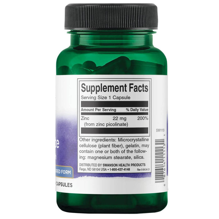 Swanson Zinc Picolinate 22 mg 60 Capsules | Premium Supplements at MYSUPPLEMENTSHOP