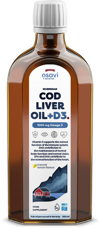 Osavi Norwegian Cod Liver Oil + D3, 1000mg Omega 3 (Lemon) - 250 ml. | High-Quality Omega-3 | MySupplementShop.co.uk